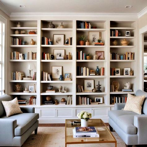 Built In Bookcase Floor To Ceiling, Built In Bookshelves Accent Color, Bookshelves In Basement, Built In Bookcase Living Room Library Wall, Basement Bookcase Wall, Whole Wall Bookshelves Living Room, Library Shelf Styling, Study With Built In Bookshelves, Book Shelves With Desk