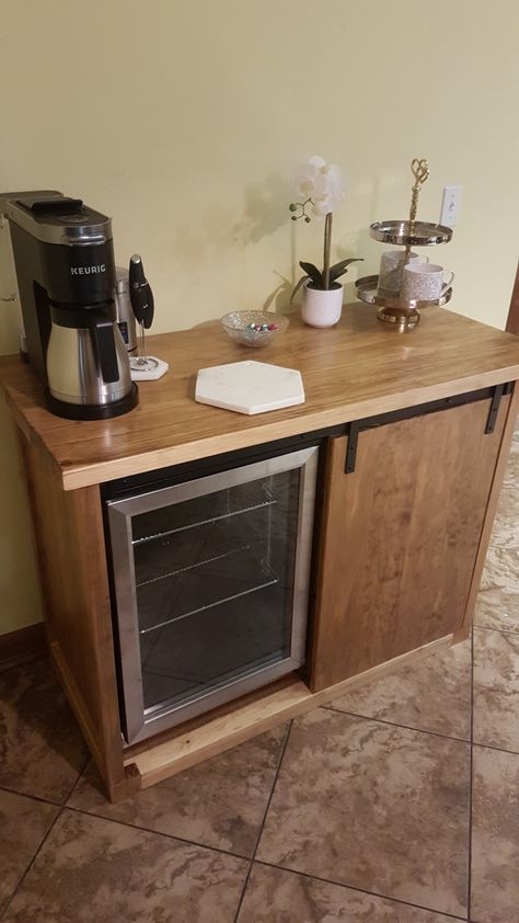 Small Fridge And Microwave Cabinet, Mini Refrigerator Cabinet Ideas, Raised Mini Fridge, Office Refreshment Station, Coffee Station With Mini Fridge, Small Fridge Cabinet, Hidden Mini Fridge In Bedroom, Bar Fridge Ideas, Coffee Bar With Mini Fridge