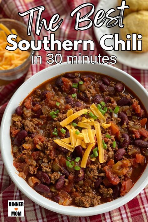 Step into Southern comfort with a beef and bean chili that's ready in a quick 30 minutes on the stovetop. Crafted from scratch, this heartwarming, homemade classic is a lifesaver for busy weeknights, unexpected guests, or when the chill in the air calls for a bowl of warmth. As the leaves begin to fall, let this be your staple dish. For this gem and more wholesome recipes, drop by Dinner.mom.com. Southern Chili Recipe, Southern Chili, Easy Beef Chili Recipe, Beef And Bean Chili, Beef And Beans, Chili Recipe Stovetop, Stovetop Chili, Chili Recipe Healthy, Homemade Chili Recipe