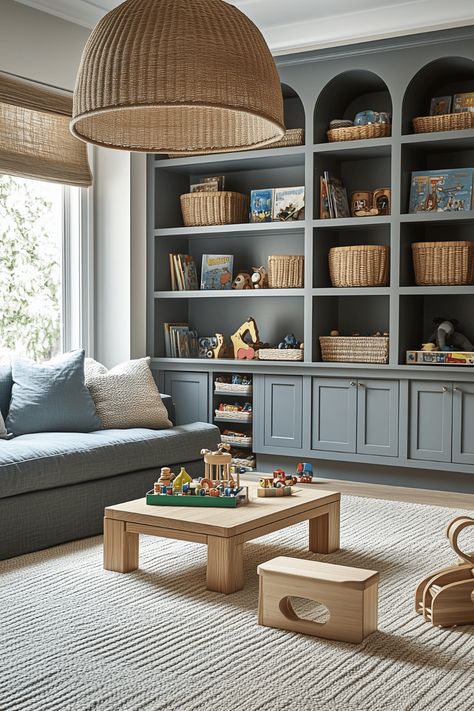 Living Room Playroom Combo Den Playroom Combo, Family Room And Playroom Combo, Living Room Playroom Combo, Playroom/guest Room, Montessori Playroom Ideas, Kid Friendly Furniture, Kid Playroom, Modern Playroom, Montessori Environment