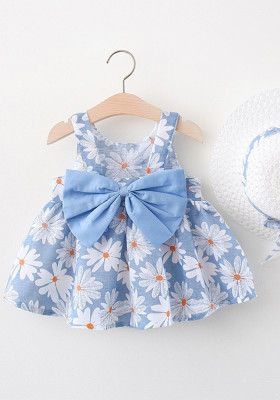 Summer Chrysanthemum Floral Big Bow Straw Hat Girl Baby Girl Full Chrysanthemum Print Dress Cotton Frocks For Kids, Frocks For Babies, Frocks For Kids, Kids Dress Collection, Cotton Frocks, Kids Frocks Design