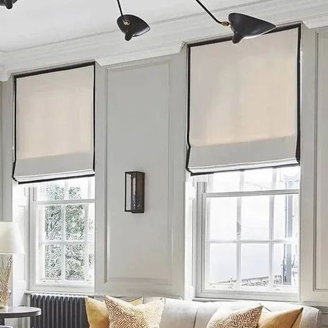 Bordered Roman Blinds, Townhouse Window Treatments, Masculine Roman Shades, Black And White Stripe Roman Blinds, Black And White Roman Shades, Roman Blinds Black And White, Black Out Roman Blinds, Relaxed Roman Shade With Trim, Roman Shade With Tape Trim