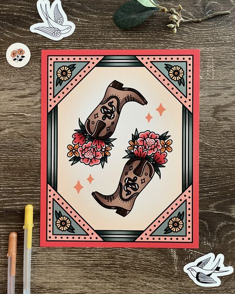 I think calling this piece ‘Boots and Blooms’ is kinda catchy. But I ain’t much of a wordsmith. 🤠 This color palette has really been there for me these past few projects. I love how they give everything a vintage and rustic, boho kinda feel. This is the second piece in my series of four inspired by playing cards and tarot. It represents where I am in my style journey: bold lines, floral symbolism, with a twist of witchy aesthetic. This print is now available in my shop and on Etsy! It’s pri... Cowboy Aesthetic Art, Vintage Cowboy Aesthetic, Playing Card Print, Bold Tattoo, 2024 Tattoo, Linen Art, Blooming Bouquet, Cowboy Aesthetic, Western Wall Art