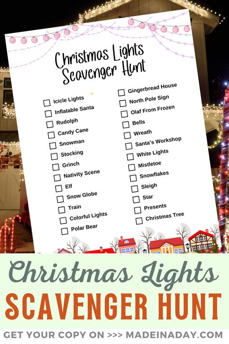 Join the hunt with our Christmas Lights Scavenger Hunt Printable. Explore your neighborhood's twinkling lights and festive displays to find the items on the list! Christmas Neighborhood, Christmas Lights Scavenger Hunt, Neighborhood Scavenger Hunt, Christmas Light Scavenger Hunt, North Pole Sign, Scavenger Hunt Printable, Polar Bear Christmas, Fun Activities For Toddlers, Diy Tree