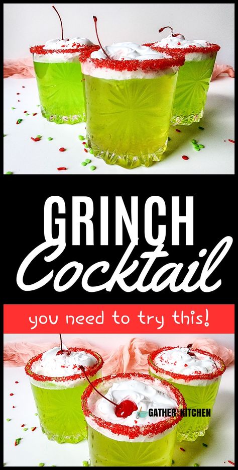 Delight your guests with this easy Grinch cocktail at your holiday parties. This vibrant green drink combines vodka, lime juice, and green punch for a refreshing and fun Christmas beverage. Perfect for Christmas gatherings, this Grinch cocktail is sure to impress your guests with its festive look and delicious flavor. Top with whipped cream and cherries for a Grinchy holiday touch. Enjoy this simple recipe for a fun and festive Christmas drink. Grinch Cocktail, Fun Holiday Drinks, Grinch Drink, Grinch Punch, Christmas Cocktails Easy, Holiday Drinks Alcohol, Christmas Drinks Alcohol Recipes, Xmas Drinks, Green Punch