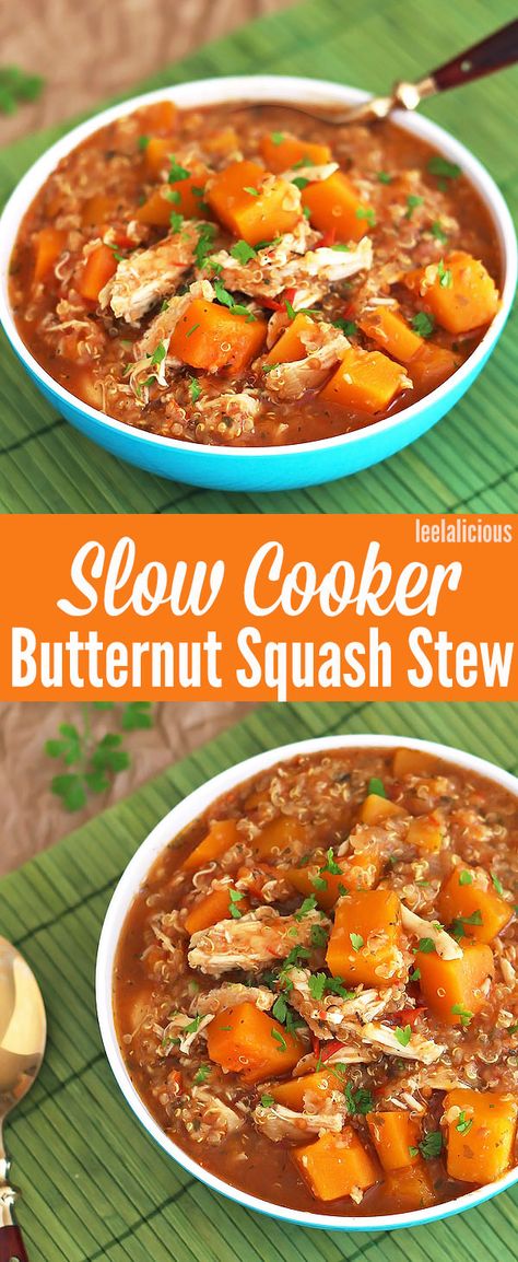 Slow Cooker Butternut Squash Chicken Quinoa Stew - This hearty, healthy stew is… Cheap Lunches, Butternut Squash Slow Cooker, Butternut Squash Chicken, Quinoa Stew, Slow Cooker Butternut Squash, Squash Stew, Butternut Squash Stew, Stew Crockpot, Healthy Stew