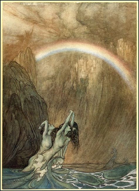 Bifrost by Arthur Rackham Arthur Rackham Illustrations, Rackham Illustrations, Edmund Dulac, 동화 삽화, Mermaids Sirens, Richard Wagner, Water Spirit, Arthur Rackham, Water Nymphs