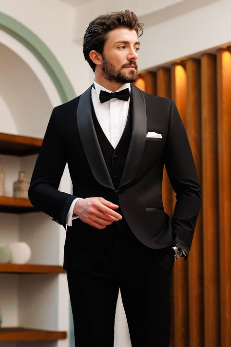 Elevate your formal style with our black slim-fit tuxedo 3-piece set, making a statement of refined elegance. The single-breasted blazer, complete with peak lapels and a fully lined interior, exudes sophistication and attention to detail. #groom #mensstyle #tuxedo #blacktie #blacktuxedo #menattire #menwear #attire #menoutfit #fashion #stylish #dapper Men Tuxedo Wedding, Tuxedo For Men Wedding, Reception Suits, Tuxedo Suit For Men, Black Tuxedos, Wedding Suits Men Black, Blazer Waistcoat, Men Tuxedo, Groom And Groomsmen Suits