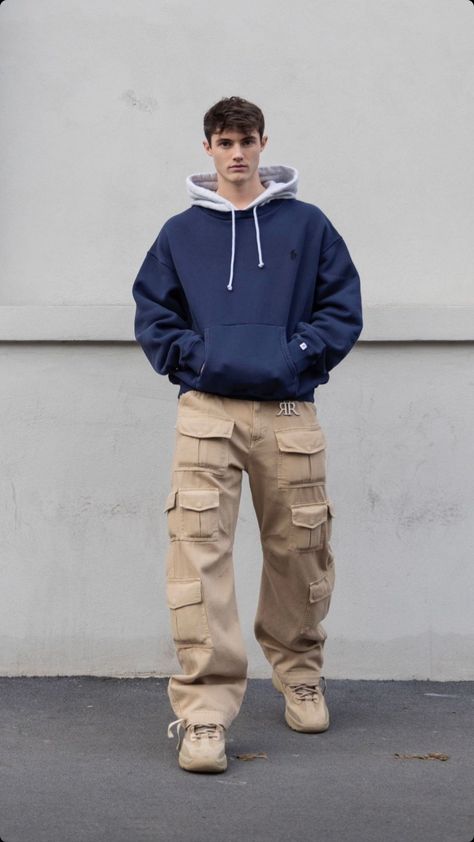 Buggy Pants Outfits Men, Outfits For Fat Men, Casual Hoodie Outfit, Earth Tone Streetwear, Streetwear Outfit Men, Dj Clothes, Hoodie Outfit Casual, Cargo Pants Outfit Men, Fat Guy Fashion