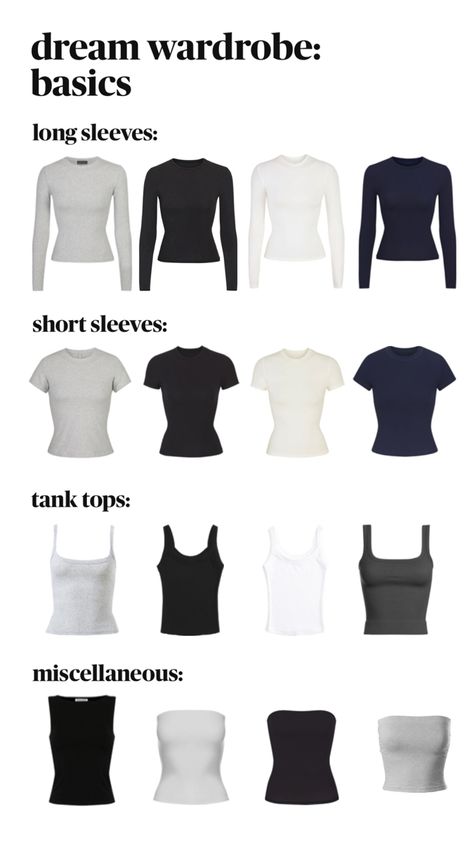 #fashion #dreamwardrobe #capsulewardrobe #basics #tops #longsleeve #shortsleeve #tank #tanktops #tubetops #skims #abercrombie #cleangirl #aesthetic Basic Top Outfit, Longsleeves Outfit, Casual Preppy Outfits, Outfit Inspo Casual, Trendy Outfits For Teens, Everyday Fashion Outfits, Cute Comfy Outfits, Simple Trendy Outfits, Mode Inspo