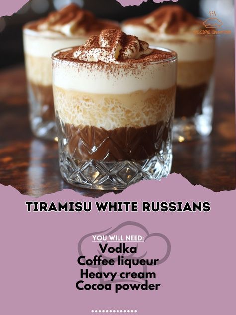 Savor the indulgent flavors of Tiramisu in a White Russian—a dessert cocktail that’s pure bliss! 🍹☕ #DessertCocktail Tiramisu White Russians Ingredients: Vodka (1 oz) Coffee liqueur (1 oz) Heavy cream (1 oz) Cocoa powder (for garnish) Instructions: In a glass, combine vodka and coffee liqueur. Add heavy cream and stir gently. Sprinkle cocoa powder on top. 🍰🥃 Enjoy the Tiramisu White Russians for a decadent dessert drink that’s sure to impress! Cheers! 🍹☕ #TiramisuWhiteRussian #IndulgeYour... Tiramisu Cocktail, Recipes Tutorials, Coffee Liqueur, White Russian, Cocktail Desserts, Dessert Drinks, Eat Dessert, Decadent Desserts, Cocktail Drinks