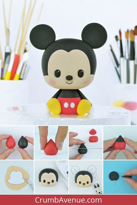 cute, Mickey Mouse, cake topper, how to make, step by step, free tutorial, templates, cake decorating, sugar art, craft ideas, kids crafts, hobby, fun, kids, birthday, boy, girl, idea, polymer clay, inspiration, Crumb Avenue, easy, simple, pictorial, baby, birthday, fun project, modelling paste, fondant, gum paste Mickey Mouse Topper, Bolo Do Mickey Mouse, Kue Fondant, Mickey Mouse Cake Topper, Mouse Cake Topper, Make Step By Step, Cute Mickey Mouse, Clay Crafts For Kids, Polymer Clay Kawaii