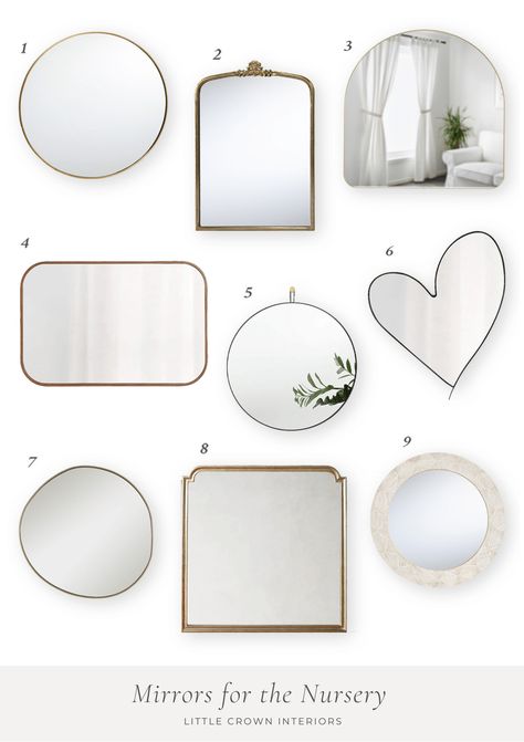 Perfect nursery mirrors, find the right size and tips to safely install. Mirrors for the Nursery with Tips and Favorites - Little Crown Interiors Nursery Mirror Over Dresser Girl, Nursery Room Mirrors, Nursery Room Mirror, Nursery Mirror Over Changing Table, Arch Mirror Nursery, Mirror Above Crib, Nursery Gallery Wall With Mirror, Mirrors For Nursery, Baby Boy Nursery Mirror