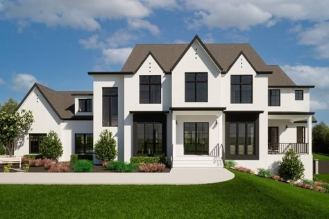 Modern Dual-Story 5-Bedroom Tudor-style House With Optionally Finished Basement (Floor Plan) Roof Accents, Transitional House Plans, Open Deck, Basement Floor Plans, Basement Floor, Tudor Style Homes, Tudor Style, Transitional House, Gourmet Kitchen