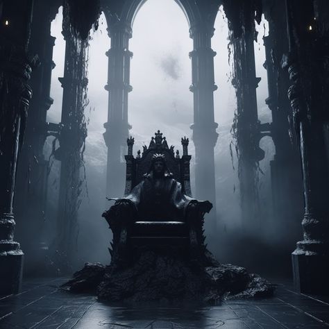 "Monarch of Horror: The King Claims His Throne!" Dark Throne Aesthetic, Abandoned Throne Room, Evil Throne Room, King On Throne Art, King Sitting On Throne Pose, Dark Throne Room, Hades Throne, Evil Throne, King Sitting On Throne