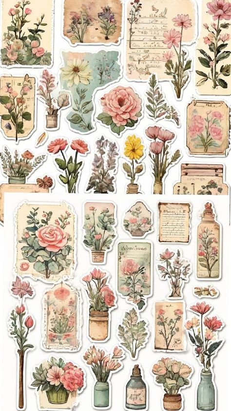 Vintage Aesthetic Stickers Printables, Bible Journal Stickers, A4 Sticker, Vintage Paper Printable, Printable Sticker Sheets, Printable Vintage Art, Sheet Design, Scrapbook Flowers, Free Printable Stickers