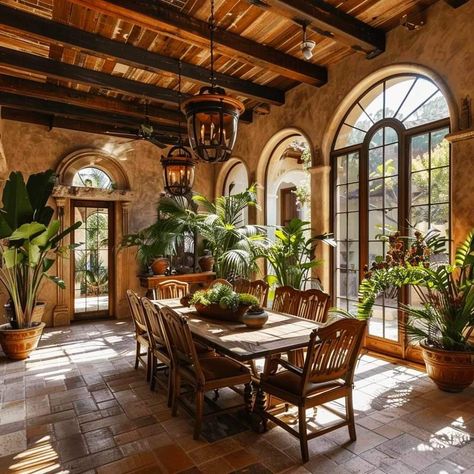 Mediterranean Open Plan Living, Italian Villa Dining Room, Mideterranean House Aesthetic, Dining Room Attached To Kitchen, Mediterranean Style Dining Room, Italian Mediterranean Homes Interior, Colorful Mediterranean Interior, Greek Dining Room, Mederteranian House Aesthetic