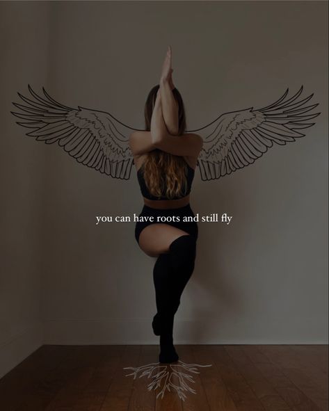 Yofga girl in eagle pose with inspiration quotes wings roots grounded dreams yoga photography journey yoga ideas Yoga Poses Quotes Motivation, Acro Yoga Quotes, Wings Caption, Yoga Captions Instagram, Aerial Yoga Quotes, Yoga Illustration Art, Yoga Collage, Eagle Pose Yoga, Yoga Captions