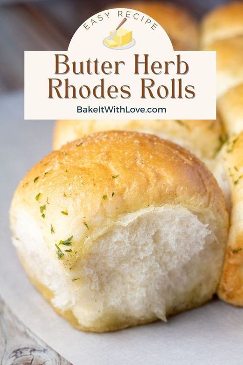 These Rhodes rolls, baked with herb-infused butter, are soft, fluffy, and full of flavor. Quick and easy to prepare, they’re the perfect pull-apart rolls for any meal or special occasion. Get the recipe with step-by-step instructions at BakeItWithLove.com #bread #dinnerrolls #rolls #thanksgiving Rhodes Garlic Rolls, Frozen Rolls Recipes, Old Fashioned Yeast Rolls Recipe, Roll Recipes Easy, Thanksgiving Meal Recipes, Rhodes Bread Dough Recipes, Dinner Rolls Recipes, Rhodes Rolls Recipes, Rolls Thanksgiving