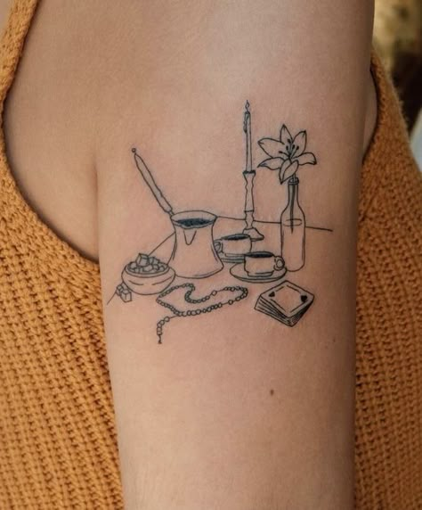 From The Dining Table Tattoo, Still Life Tattoo, Table Tattoo, Candle Tattoo Design, Artsy Tattoos, Candle Tattoo, Traditional Tattoo Designs, Unique Tattoo Ideas, Bold Artwork