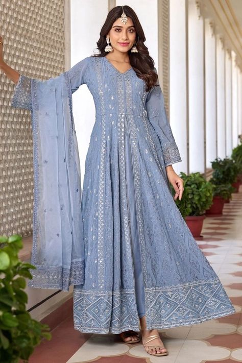 Periwinkle Embroidered Faux Georgette Pant Kameez Heavy Salwar Suit, Uk Outfits, Gown Lehenga, Anarkali Designs, Anarkali Salwar Suits, Celana Fashion, Anarkali Salwar, Salwar Suits Online, Salwar Kamiz