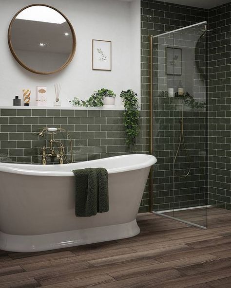 Colour Tiled Bathroom, Olive Tiles Bathroom, Bath Tiles Design, Free Standing Bath Bathroom Ideas, Green Wet Room, Dark Green Subway Tile Bathroom, Mixed Tiles Bathroom, Bathroom Color Tiles, Bathroom Ideas Green Tiles