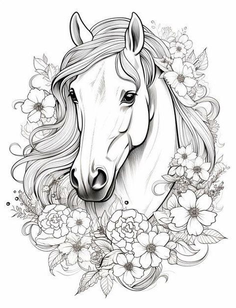 Horse Head Drawing, Horse Art Drawing, Horse Art Print, Horse Coloring Pages, Horse Tattoo, Unicorn Coloring Pages, Horse Drawings, Black And White Drawing, Horse Coloring