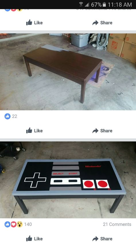 Nintendo Coffee Table, Diy Gaming Decor Ideas, Game Room Ideas Simple, Nintendo Dresser Diy, Gamer Coffee Table, Nerd Game Room, Video Game Coffee Table, Disney Themed Furniture, Diy Nintendo Decor