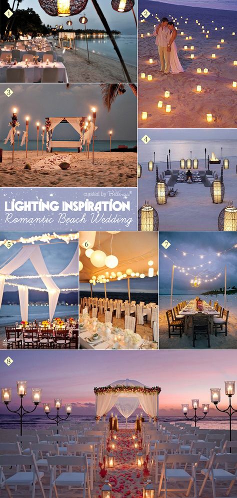 Creative ideas for how to apply lighting and candles at a beach wedding as featured on the Wedding Bistro at Bellenza.  http://www.bellenza.com/wedding-ideas/diy-projects/creative-ways-of-incorporating-lights-at-a-beach-wedding.html  #beachweddings #outdoorweddings #nightweddings #lightingatweddings Beach Recipes, Romantic Beach Wedding, Dream Beach Wedding, Wedding Ceremony Ideas, Beach Wedding Decorations, Salou, Beach Theme Wedding, Wedding Destination, Wedding Candles