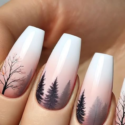 Tamara Margaryan on Instagram: "Nature-Inspired Nail Art 🌿✨  Check out this stunning nature-inspired nail art! 🌳🌸 The beautiful blend of trees and subtle profiles creates a dreamy, ethereal effect on a soft pink and white gradient. Perfect for anyone who loves unique and artistic nail designs. 💅💕  #nailart #naturenails💅 #doubleexposure #naildesign" Alaska Inspired Nails, Glass Looking Nails, Woodland Nail Art, Dip Nail Designs Winter, Nature Inspired Nails, Nature Nails Designs, Tree Nail Art Designs, Forest Nail Art, Mountain Nail Art