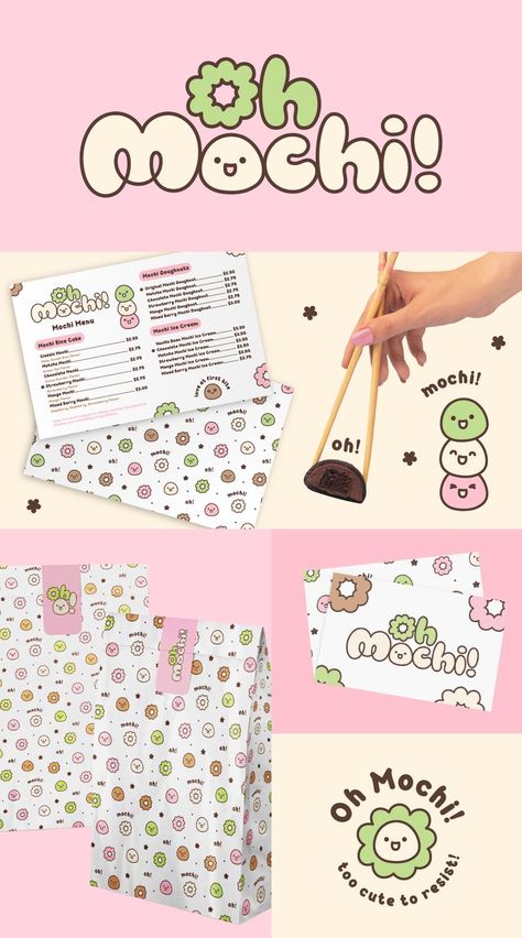 Cute brand identity for a mochi brand, it has kawaii characters and a full hand drawn typography. The logo type has a rice cake mascot incorporated. This shows a brand board with menu design, packaging design, business card and custom logo variations. Kawaii Mochi, Logo Suite, Japanese Logo, Typography Hand Drawn, Food Logo Design, Logo And Branding, Online Logo Design, Branding Design Packaging, Creative Packaging Design