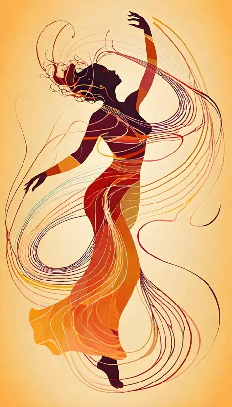 An abstract visualization of a woman's dance, depicted through a series of flowing lines and curves that evoke the essence of musical notations and sound waves. The graceful movements of the dance are captured in the fluidity of the lines, creating a sense of rhythm and harmony that resonates with the viewer. Each curve and wave embodies the energy and passion of the dancer, conveying a story of beauty and emotion through the language of art. Line Movement Art, Woman Reaching Up, Dance Art Painting, Flowing Rhythm, Freedom Dance, Dancer Illustration, Dance Backpack, Dancing Drawing, Moodboard Art