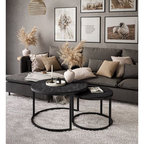 Ebern Designs Harsho Coffee Table Set | Wayfair.co.uk Beige And Grey Living Room, Dark Grey Sofa Living Room, Dark Grey Couch Living Room, Room Decor Gray, Glamorous Living Room, Grey Sofa Living Room, Glamorous Living, Grey Couch Living Room, Black And White Living Room