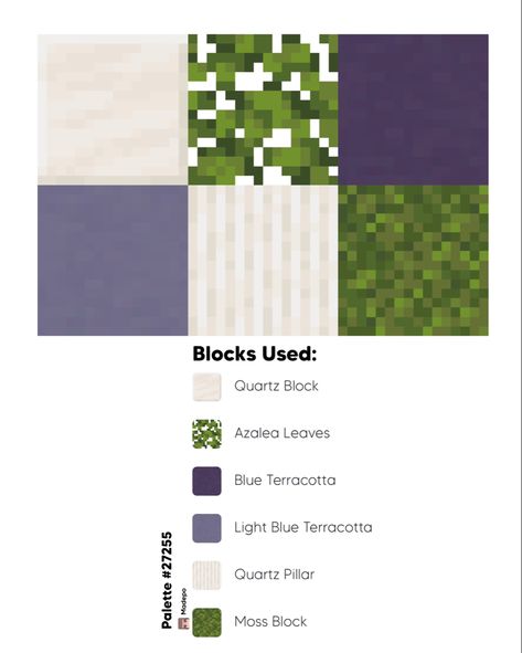 Minecraft block palette 27255 using quartz block, quartz pillar, azalea leaves, blue terracotta, light blue terracotta, and moss block. #minecraft #mcyt #aesthetic #tiktok #minecraftaesthetic #minecraftbuildingideas #minecraftbuild #color #colorpallete #palette #videogames #gamer Minecraft Japanese Block Palette, Mud Block Houses Minecraft, Minecraft Village Color Palette, Minecraft 1.20 Palette, Acacia Block Pallet Minecraft, Minecraft Block Palette Quartz, Minecraft Colors Palette, Minecraft Block Palette Birch, Block Palets Minecraft