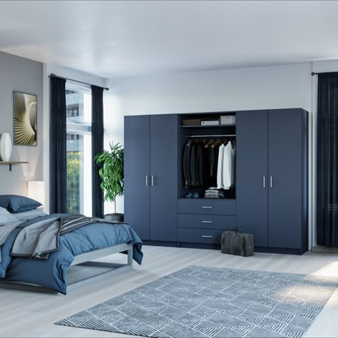 This is our beautiful Indigo Blue colour - two double wardrobes and an open 3-drawer linen press, all combined to make for a stunning wardrobe combination for all your storage requirements in the bedroom. Fully made to measure in any size you require. Colour Pallet For Bedroom, Luxury Bedroom Colour Schemes, Wadroob Colour Combination, Blue Colour Wardrobe Design, Double Colour Wardrobe Design, Wardrobe Color Combinations Bedroom, Wardrobe Mica Colour Combination, Blue Cupboards Bedroom, Navy Wardrobe Bedroom