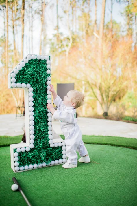 Golf Cake Smash Photography, Hold On One Birthday, Masters Themed 1st Birthday Party, Golf First Birthday Decorations, First Birthday Golf Theme Food, First Golf Birthday, Golf Birthday Food Ideas, Hole On One Birthday, Hole In One Center Piece