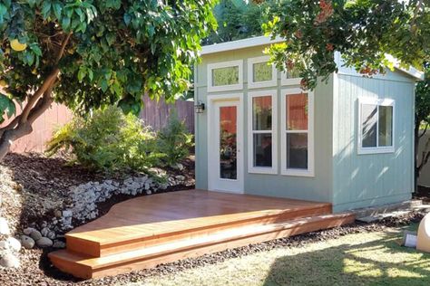 Outdoor Office Shed, Backyard Office Shed, Backyard Guest Houses, Tiny Home Office, Office Shed, Shed Office, Tiny Office, Studio Shed, Shed To Tiny House