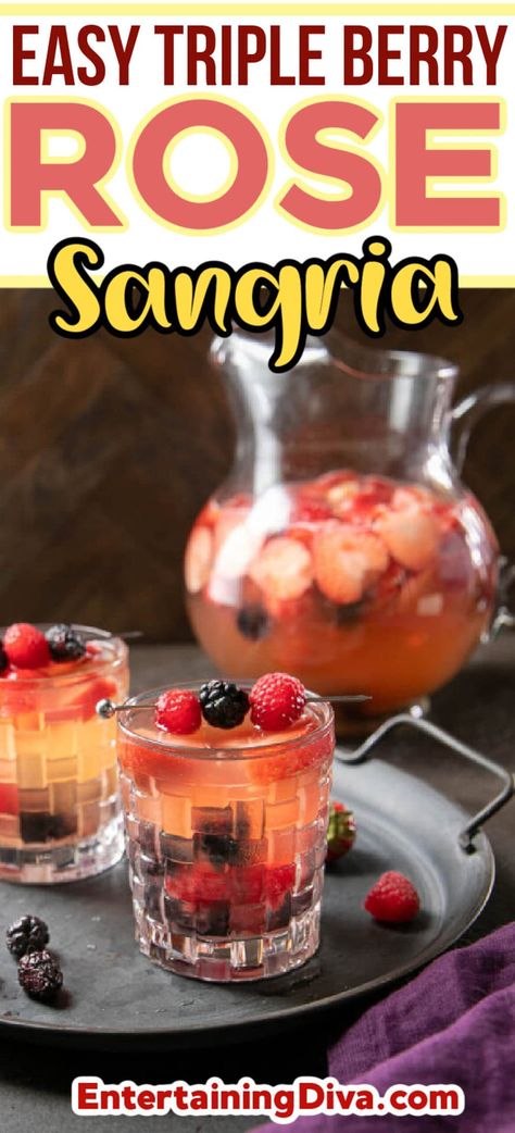 Easy Triple Berry Rose Sangria | Easy Recipes Rose Sangria Recipes Fall, Berry Sangria Recipes, Rose Sangria Recipes, Rose Wine Sangria, Vodka Sangria, Bourbon Glazed Salmon, Raspberry Sangria, Rosé Sangria, Berry Cocktail