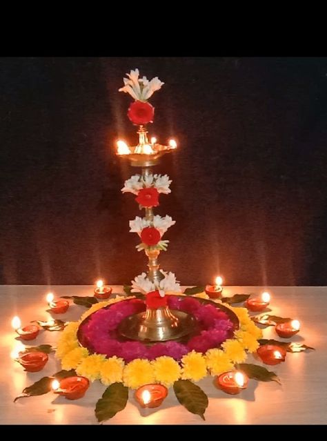 Kuthu Vilaku Decoration With Flowers, Lamp Decoration Ideas For Pooja, Karthigai Deepam Decoration At Home, Kuthuvilaku Flower Decoration, Samai Decoration With Flowers, Samai Decoration Idea, Kuthu Vilaku Decoration, Vilakku Decoration, Karthigai Deepam Decoration