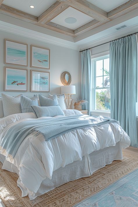 Coastal-Inspired Bedrooms for a Preppy Look Preppy Costal Rooms, Summer Bedroom Decor Ideas, Preppy Coastal Aesthetic, Light Blue And White Bedding, Light Blue Room Decor Ideas, Light Blue Bedding Aesthetic, Medium Room Ideas, Beachy Preppy Bedroom, White And Blue Room Aesthetic