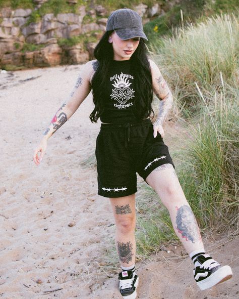 HELL AWAITS ⚔️ We are still overwhelmed by how well received this set has been over the summer! For those waiting on a women’s shorts restock, fear not! We have some newness dropping very soon & we can’t wait to see you all style it 🫶🏻 Goth Camping Outfit, Dark Outfits Summer, Goth Shorts Outfits, Adult Summer Outfits, Grunge Shorts Outfit, Summer Grunge Outfits 90s Style, Emo Summer Outfits, Brown Denim Shorts, Outfits 90s Style