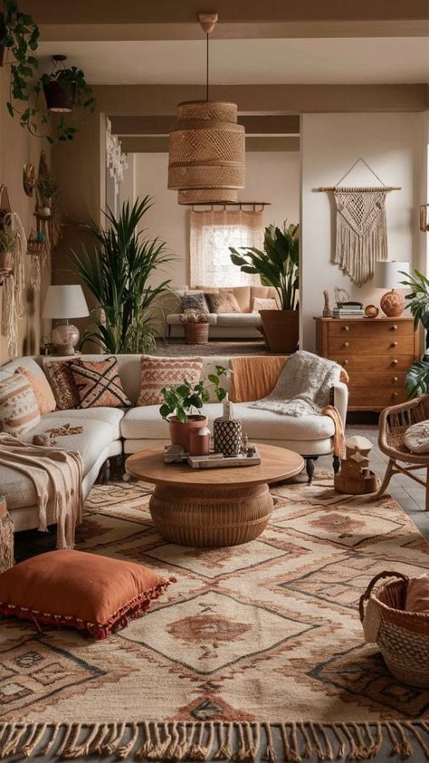 Earthy Wood Living Room, Boho Mood Board Inspiration, Tiny Livingrooms Design, Nepali Home Decor, Boho Front Room, Warm Tone House Interior, Boho Lounge Room Ideas, Boho Interior Design Bohemian Homes, Living Room Designs Boho