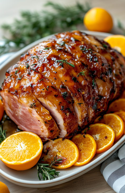 A symphony of flavors, the ham, wrapped in orange and brown, invites the senses to a feast of rich delight. Christmas Ham Presentation, Ham Platter Presentation, Ham Platter, Sunday Brunch Food, Thanksgiving Ham, Simple Dinners, Christmas Ham, Recipes For Thanksgiving, Baked Ham