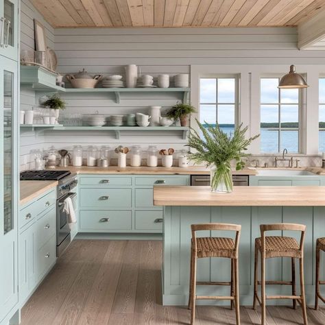 Beach Kitchen Ideas Coastal Colors, Rustic Coastal Kitchen, Beach Cottage Kitchens, Coastal Cottage Kitchen, Extension Kitchen, House Flipper, Island Cottage, Moms Kitchen, Coastal Kitchen Design