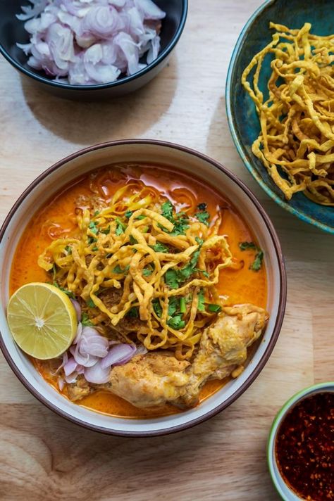 Embark on a culinary journey with this traditional Thai Khao Soi recipe, where rich, creamy coconut curry meets tender noodles and aromatic spices. Perfect for those who crave a taste of Thailand at home, this dish combines the warmth of ginger and garlic with the zest of lime and the crunch of crispy noodles. Whether you're a seasoned chef or a kitchen novice, this easy-to-follow recipe will guide you through creating an authentic bowl of Khao Soi that bursts with flavor and transports you straight to the bustling streets of Chiang Mai. Chicken Khao Soi Recipe, Kha Soi Recipe, Koi Soi Recipe, Khao Soi Soup, Kai Soi Recipe, Khao Soy Recipe, Kow Soi Recipe, Khao Soi Recipe Thailand, Khaosoi Soup