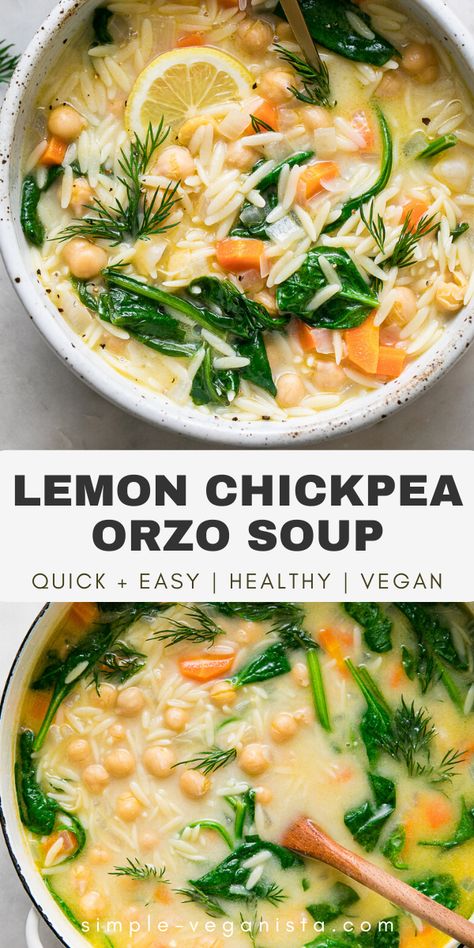 Orzo Soup Vegan, Chickpea Orzo Soup, Chickpea Orzo, Lemon Chickpea, Orzo Soup Recipes, Salad Kale, Lemon Orzo, Orzo Soup, Chickpea Soup