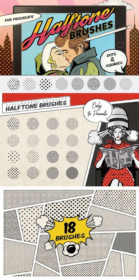 Dots & Squares Procreate Brushes Photoshop Comic Brushes, Halftone Graphic Design, Comic Dots, Halftone Comic, Halftone Photoshop, Comic Halftone, Halftone Poster, Procreate Lineart, Texture Brushes Procreate