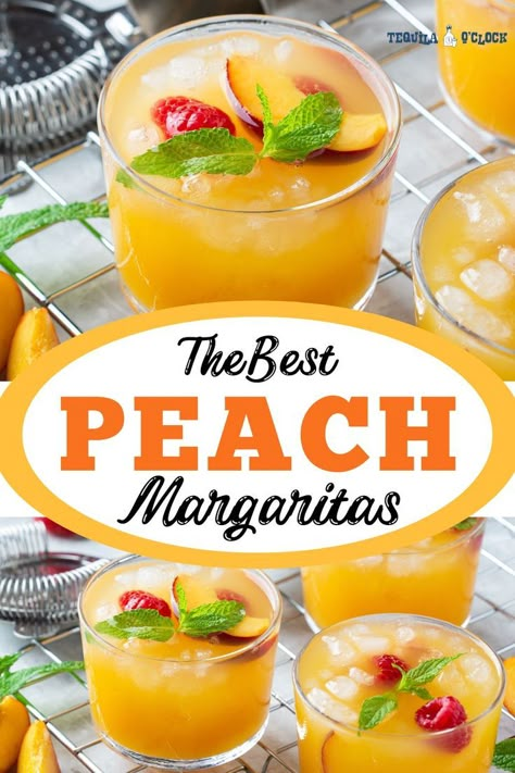 the best peach margaritas Homemade Peach Margaritas, Fresh Peach Margarita Recipe, Frozen Peach Margarita Recipe, Peach Margarita Recipe On The Rocks, Peach Mango Margarita Recipe, Peach Mango Cocktail, Peach Tequila Cocktail, Peach Drinks Alcohol, Peach Margarita Recipe