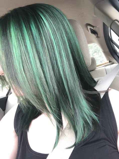 Green and black highlighted fine medium-length hair Mint Green Highlights In Black Hair, Green Hair Highlights For Black Hair, Skunk Hair Dye Green, Mint Green Highlights In Brown Hair, Blue Hair Green Highlights, Sage Green Highlights Hair, Black Hair With Dark Green Highlights, Black Hair Green Streaks, Green Hair With Black Highlights