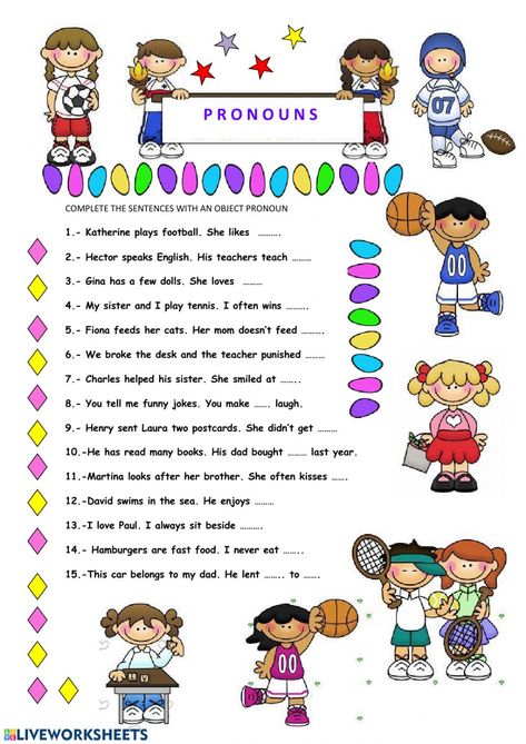 Objective pronouns beginners - Interactive worksheet Personal Pronouns Activities, Subject Pronouns Worksheet, Objective Pronouns, Pronouns Exercises, Pronouns Worksheet, Pronoun Activities, Subject Pronouns, Object Pronouns, Grammar Quiz